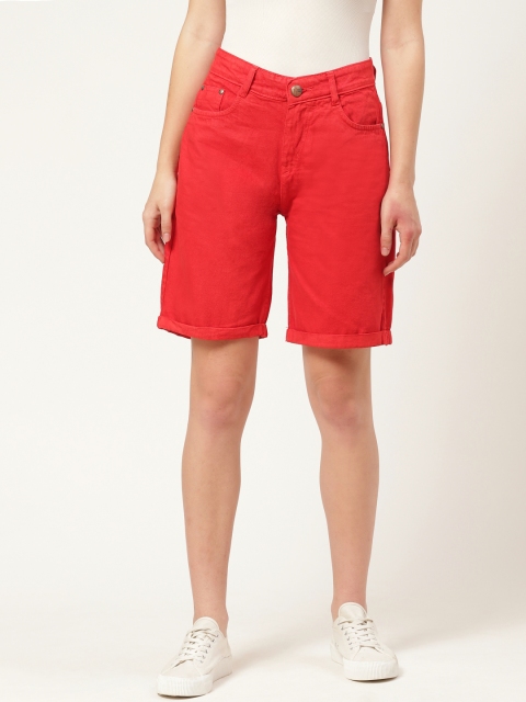 

PARIS HAMILTON Women Red Solid High-Rise Regular Fit Denim Shorts