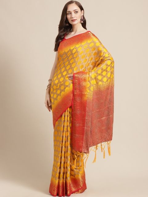 

Shaily Mustard Yellow & Beige Zari Woven Design Saree