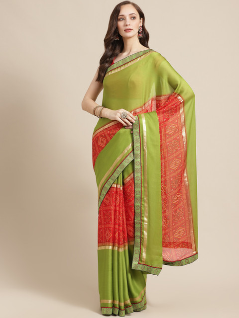 

Shaily Green & Red Bandhani Print Saree