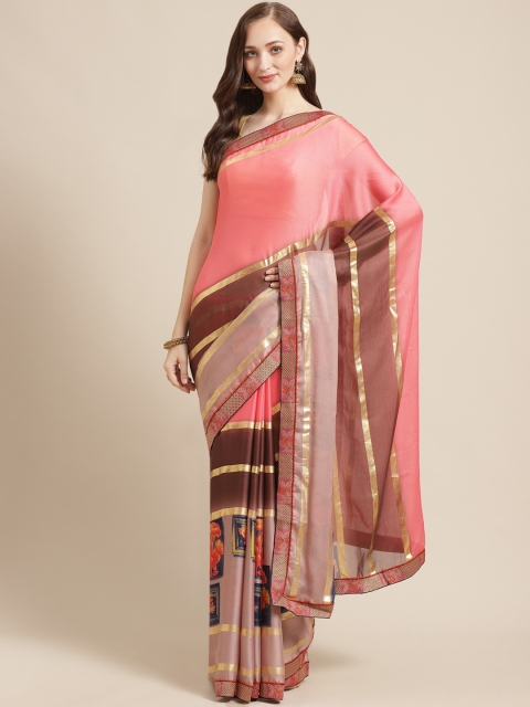 

Shaily Peach-Coloured & Brown Printed Saree