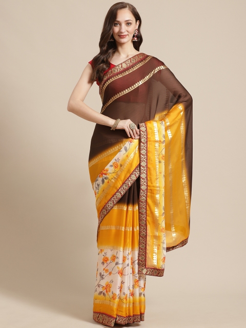 

Shaily Brown & Mustard Yellow Floral Print Saree