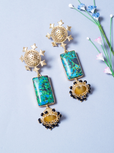 

Golden Peacock Gold-Plated & Green Dome Shaped Handcrafted Drop Earrings