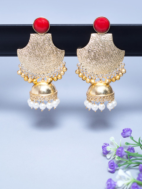 

Golden Peacock Gold-Plated & Red Dome Shaped Antique Jhumkas