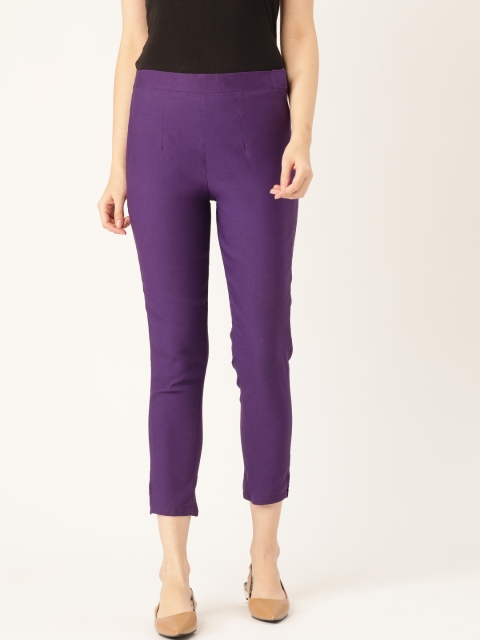 

RANGMAYEE Women Purple Easy Wash Smart Slim Fit Solid Cropped Cigarette Trousers