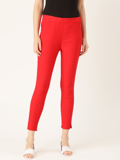 

RANGMAYEE Women Red Easy Wash Smart Slim Fit Solid Cropped Cigarette Trousers