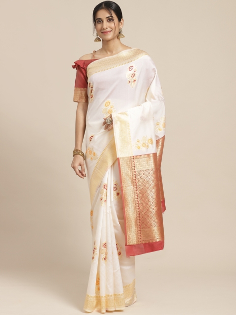 

SHAVYA White & Golden Pure Silk Ethnic Woven Design Kasavu Saree