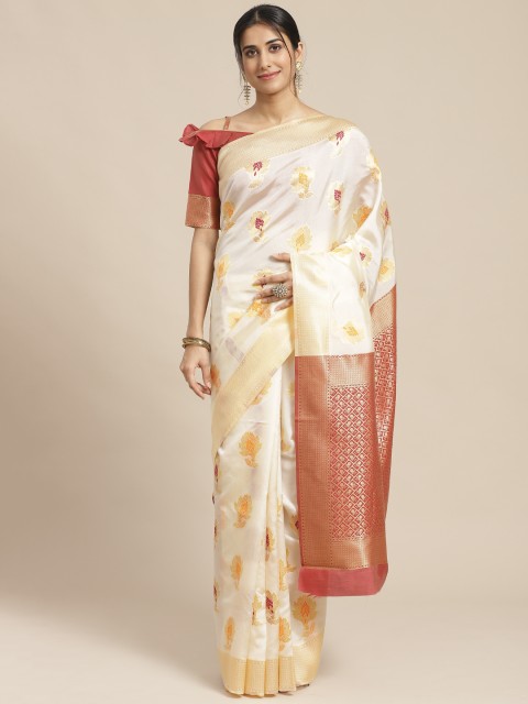 

SHAVYA White & Golden Pure Silk Ethnic Woven Design Kasavu Saree