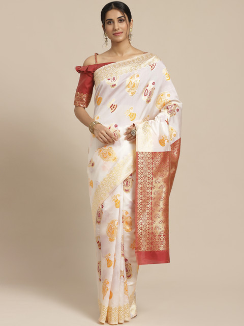 

SHAVYA White & Golden Pure Silk Paisley Woven Design Kasavu Saree