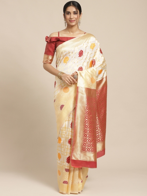 

SHAVYA White & Golden Pure Silk Ethnic Woven Design Kasavu Saree