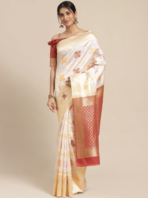 

SHAVYA White & Golden Pure Silk Ethnic Woven Design Kasavu Saree