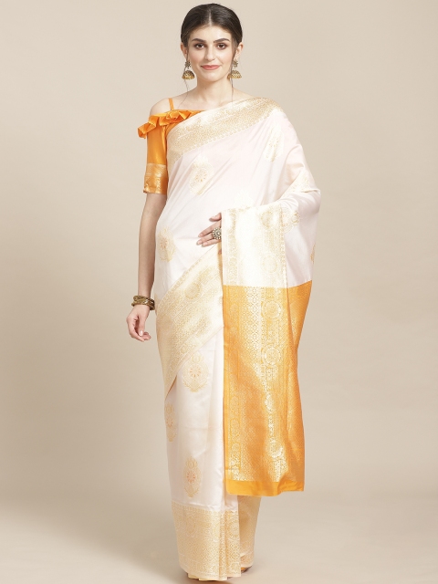 

SHAVYA White & Mustard Yellow Pure Silk Zari Woven Design Kasavu Saree