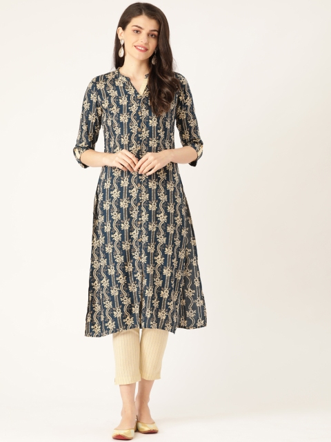 

RANGMAYEE Women Navy Blue & Beige Printed Kurta with Trousers