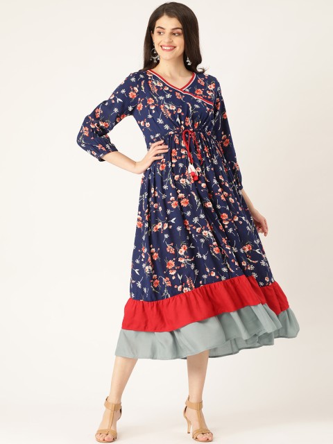 

RANGMAYEE Women Navy Blue & Red Floral Print Wrap Dress
