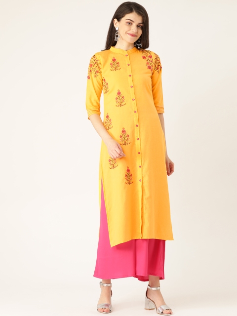 

RANGMAYEE Women Yellow & Pink Embroidered Straight Kurta with Kantha Work
