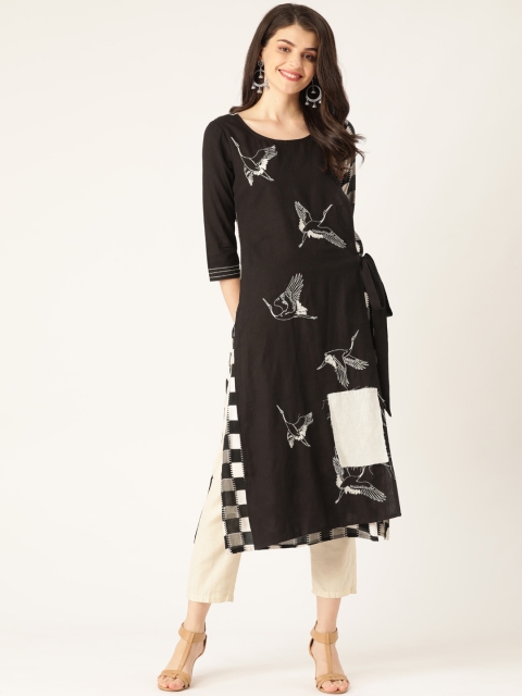 

RANGMAYEE Women Black & White Embroidered Layered Straight Kurta with Kantha Work