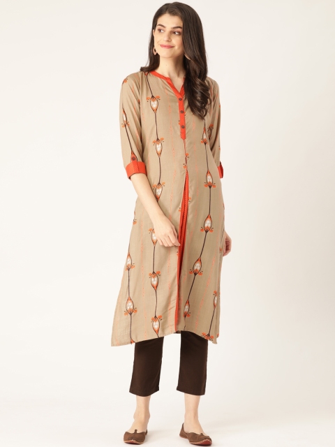 

RANGMAYEE Women Beige & Coffee Brown Ethnic Printed Kurta with Trousers