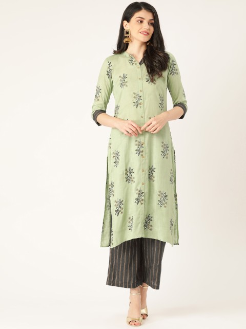 

RANGMAYEE Women Green & Charcoal Grey Floral Print Kurta with Palazzos