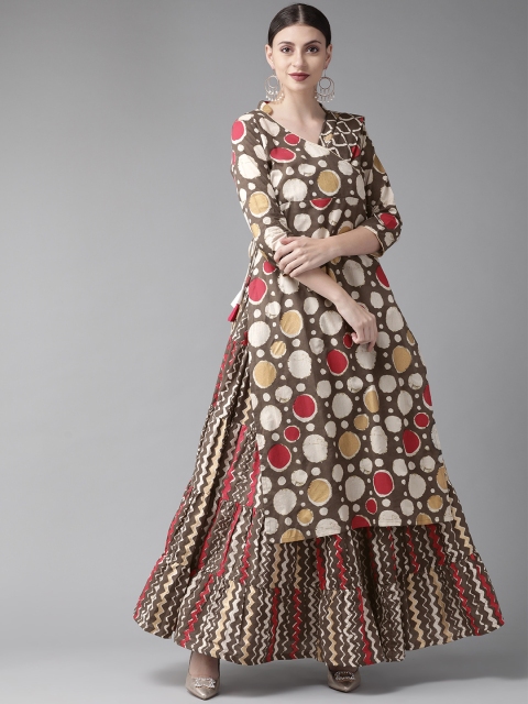 

AKS Women Brown & Off-White Printed Kurta with Skirt