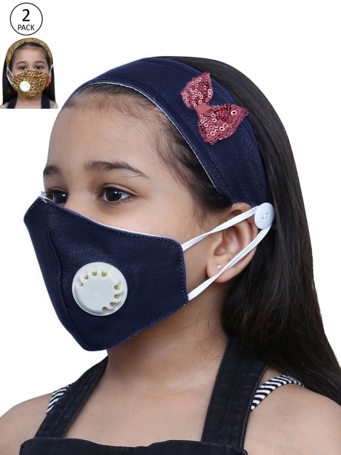

DChica Girls Navy Blue Single 2-Ply No-Ear Pain Denim Valved Face Mask With Headband, Multi