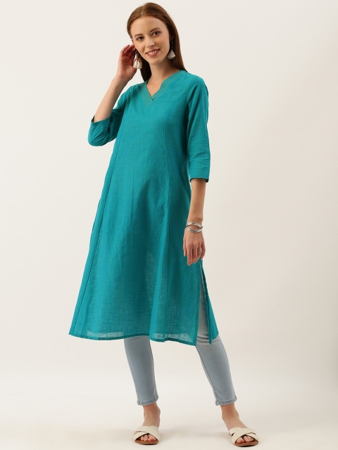 

Taavi Women Turquoise Blue Woven Legacy A-Line Sustainable Kurta with Side Slits