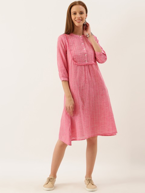 

Taavi Women Pink Striped Striped Woven Legacy A-Line Sustainable Dress with Pleats