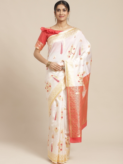 

SHAVYA White & Golden Pure Silk Ethnic Woven Design Kasavu Saree