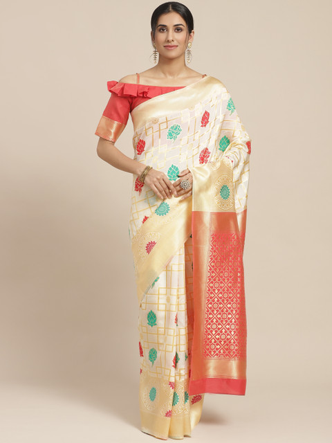 

SHAVYA White & Golden Pure Silk Ethnic Woven Design Kasavu Saree