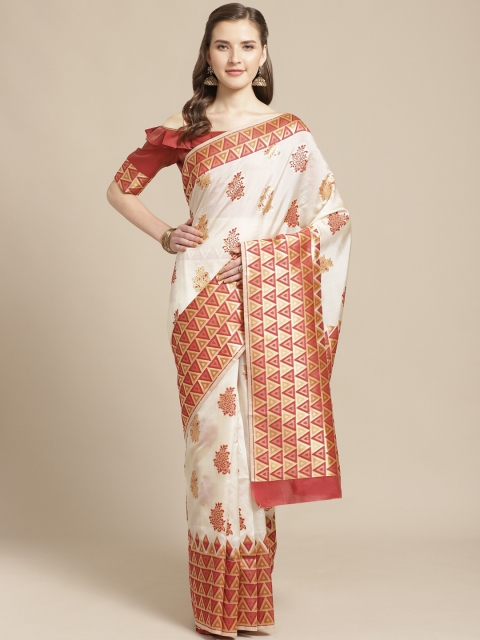 

SHAVYA Off-White & Maroon Pure Silk Zari Woven Design Kasavu Saree