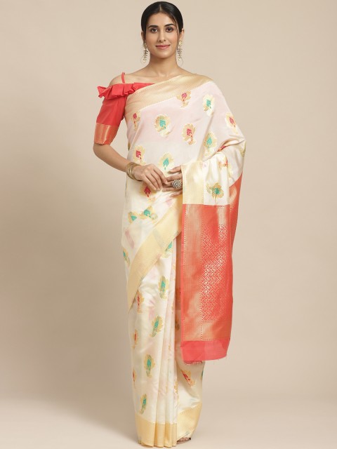 

SHAVYA White & Golden Pure Silk Ethnic Woven Design Kasavu Saree