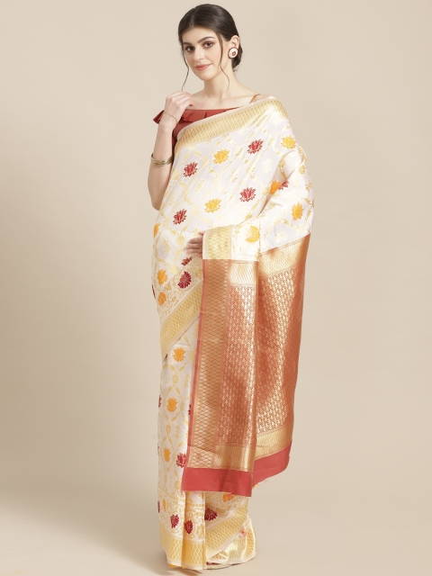 

SHAVYA White & Maroon Pure Silk Zari Woven Design Kasavu Saree