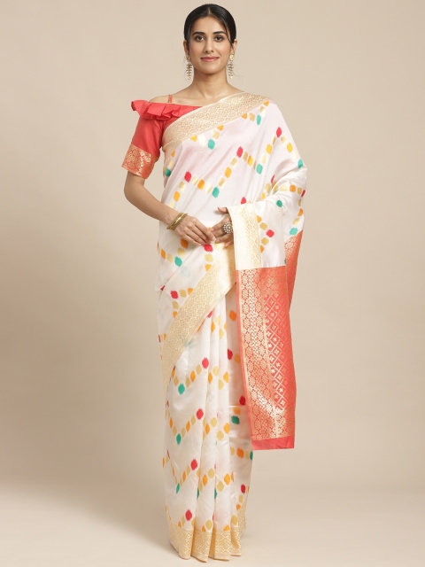 

SHAVYA White & Red Pure Silk Chevron Woven Design Kasavu Saree