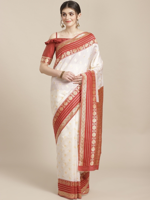 

SHAVYA White & Maroon Pure Silk Zari Woven Design Kasavu Saree