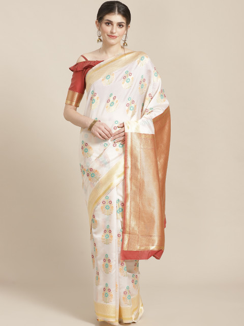 

SHAVYA White & Maroon Pure Silk Zari Woven Design Kasavu Saree
