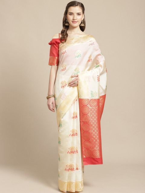 

SHAVYA Off-White & Red Pure Silk Zari Woven Design Kasavu Saree
