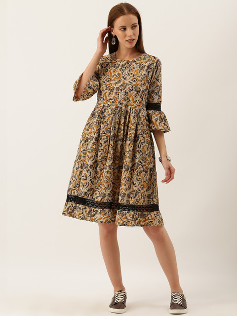

Taavi Women Beige & Brown Kalamkari Hand Block Print A-Line Sustainable Dress with Lace Inserts