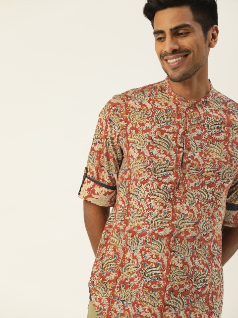 

Taavi Men Red & Mustard Yellow Kalamkari Block Printed Straight Sustainable Kurta with Roll-Up Sleeves
