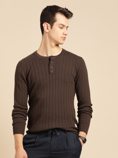 Men Brown Striped Pullover