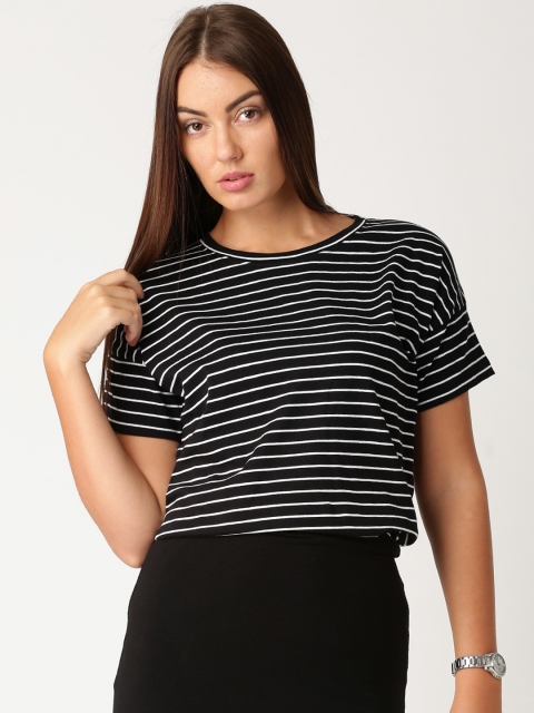 

ether Black White Striped Round Neck Pure Cotton T-shirt