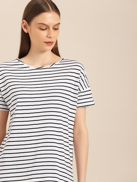 

ETHER Women White Black Striped Pure Cotton T-shirt