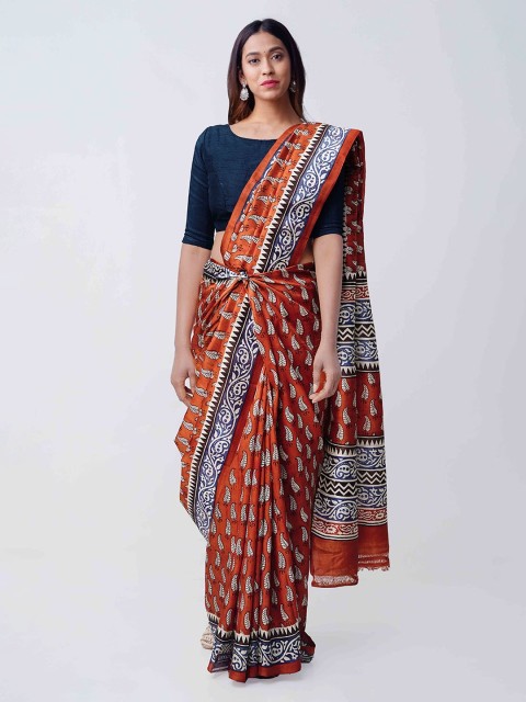 

Unnati Silks Orange & Purple Pure Handloom Silk Printed Tussar Sustainable Saree