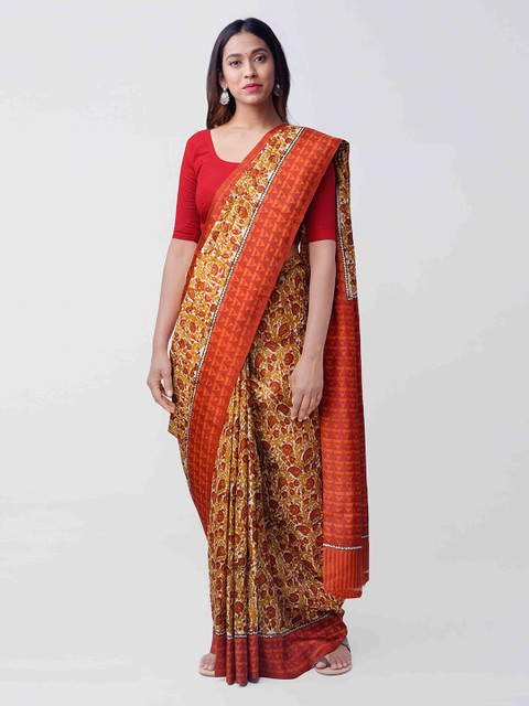 

Unnati Silks Mustard Yellow & Red Pure Silk Printed Tussar Sustainable Saree