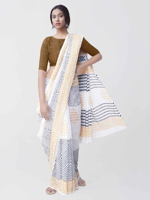 

Unnati Silks White & Navy Blue Pure Cotton Printed Kota Sustainable Saree