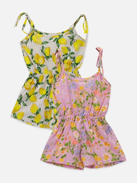 

LilPicks Girls Pack Of 2 Pink & Green Floral Printed Playsuit