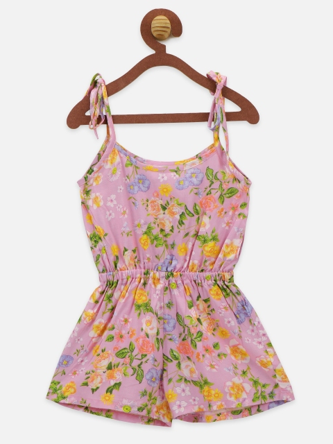 

LilPicks Girls Pink & Yellow Printed Basic Playsuit