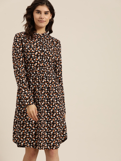 

her by invictus Women Black & Orange Floral Print A-Line Sustainable ECOVERO Dress