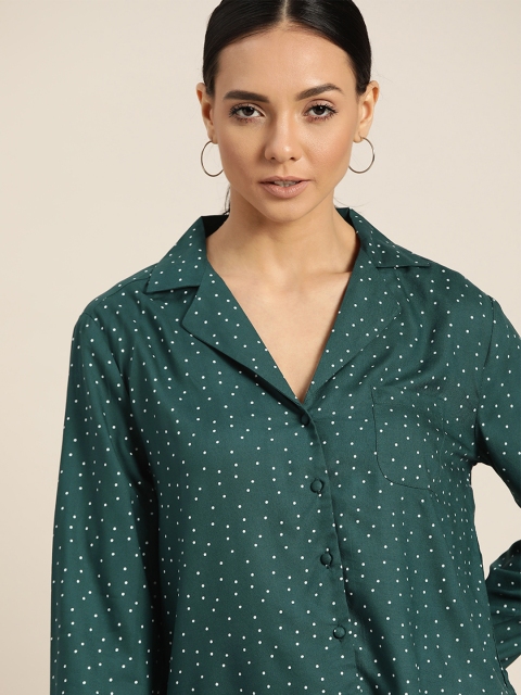 

her by invictus Women Green & White Polka Dots Printed High-Low Casual Sustainable ECOVERO Shirt