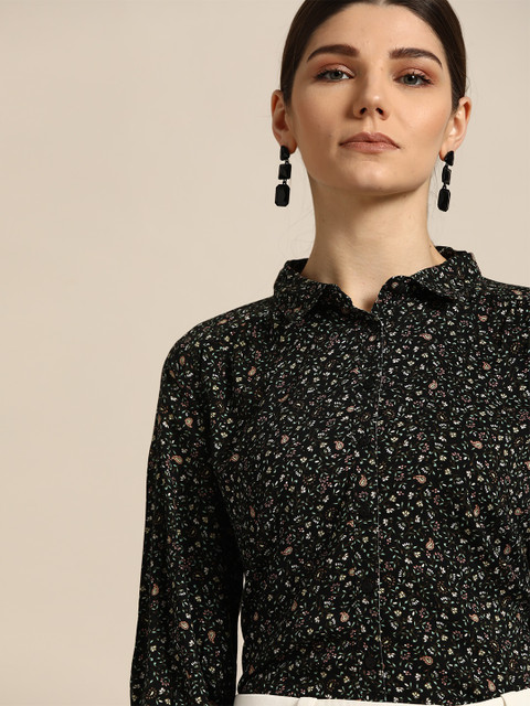 

her by invictus Women Black & Green Regular Ditsy Floral Print Smart Casual Sustainable ECOVERO Shirt