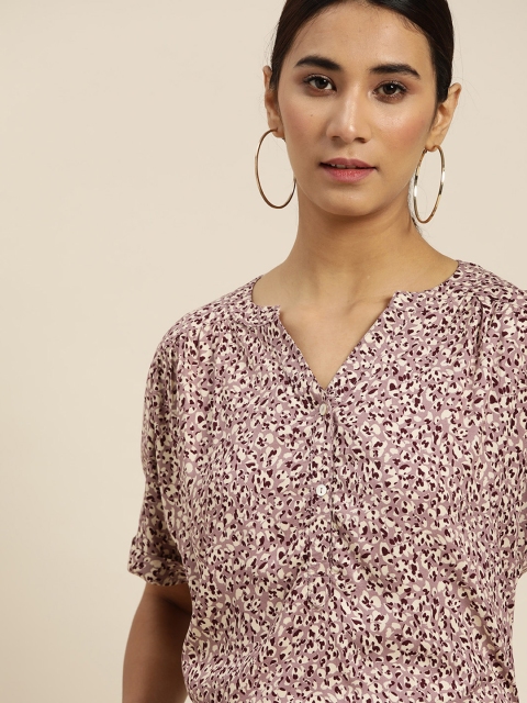 

her by invictus Sustainable ECOVERO Women Mauve & Off-White Abstract Printed Top