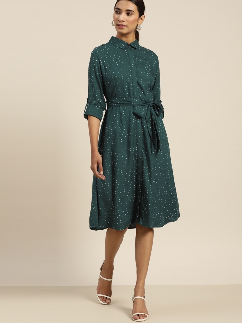 

her by invictus Women Green & White Eco Vero Dotted Print Shirt Sustainable ECOVERO Dress