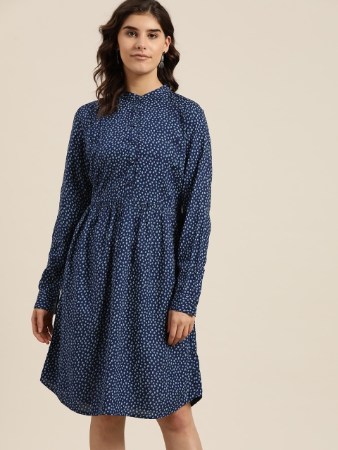 

her by invictus Women Blue Printed A-Line Sustainable ECOVERO Dress